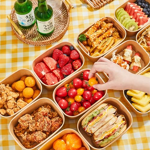 50 Disposable Meal Prep Containers 19oz Kraft Paper Bowls with Lids & Forks (19oz 50 Count / kraft Paper Rectangular)
