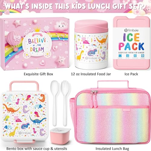 Kids Bento Snack Lunch Box with Thermo Insulated Toddler Lunch Bag (A4.White Dinosaur)