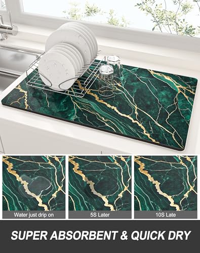 Dish Drying Mat for Kitchen Counter (Green Gold Marble / 15" x 24")