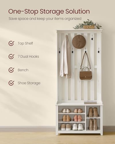 Hall Tree with Bench and Shoe Storage (Rustic White)