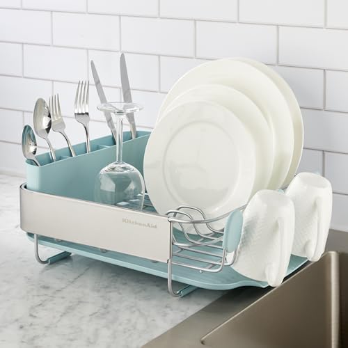 Compact Space Saving Rust Resistant Dish Rack with Removable Flatware Caddy and Angled Self Draining Drainboard (Mineral Water / Compact)