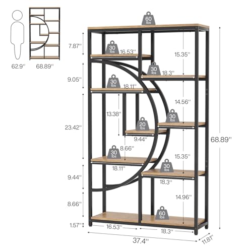 Industrial Bookshelf Bookcase with 9 Open Shelf (Light Oak)
