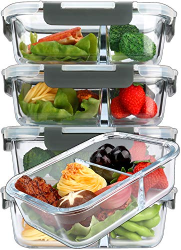 5 Pack,36 oz, 2 Compartments Glass Meal Prep Containers with Lids (Gray)
