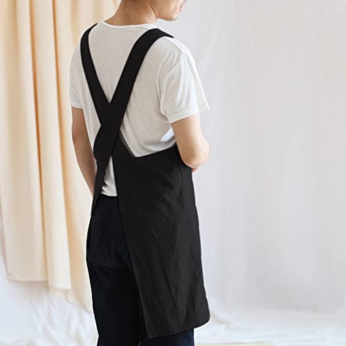 Japanese Linen Cross Back Kitchen Cooking Aprons for Men with Pockets for Baking Painting Gardening Cleaning Black (14 - Men's Black)