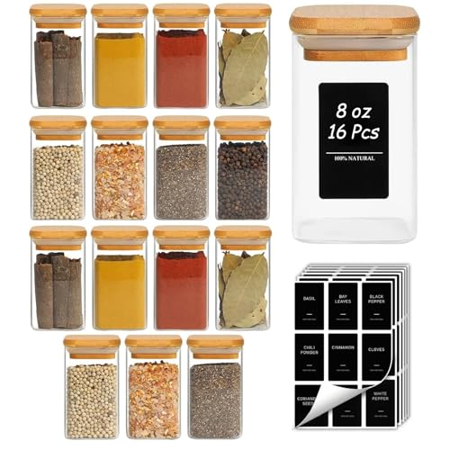 Square Glass Spice Jars with Labels 8 oz 16 Pack with Bamboo Lids (8 fl oz x 16 - Square)