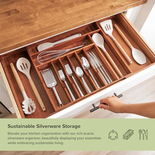 Silverware & Utensil Organizer (Natural Acacia / From 18" to 33" Wide)