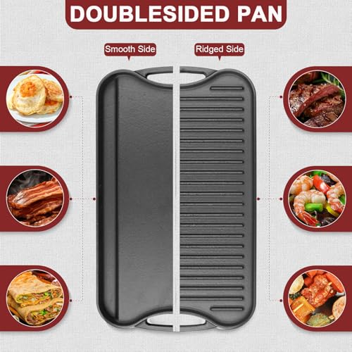 17" x 10" Reversible Cast Iron Griddle Pan for 2 Burner Gas Stoves (17" x 10" x 3")