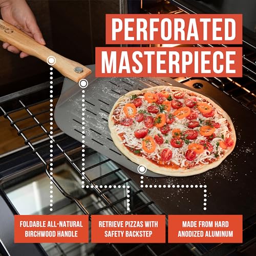 Perforated Aluminum Pizza Peel 12x14 in Foldable Wood Handle (Perforated 12 x 14 inch / Aluminum)
