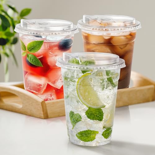 100 Pack 16 oz Clear Plastic Cups with Sip Lids (16oz 100Pack)