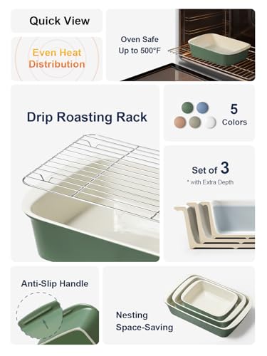 Ceramic Casserole Dishes for Oven with 304 Racks (Forest Green / 13.7"+11"+8.3")