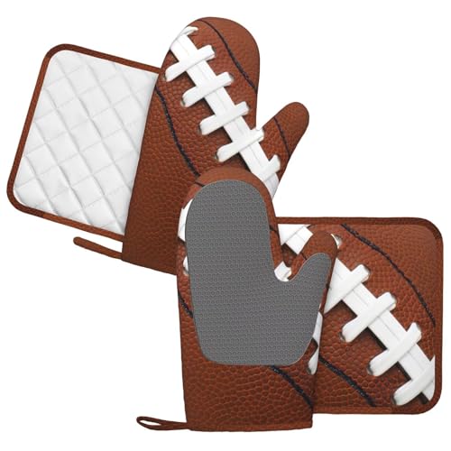 American Football Oven Mitts and Pot Holders Set of 4 Silicone Rugby Leather Lace Fun Traditional Sport Ball Kitchen Mitten Gloves and Potholders Set Heat Resistant Oven Gloves Hot Holders (Brown)