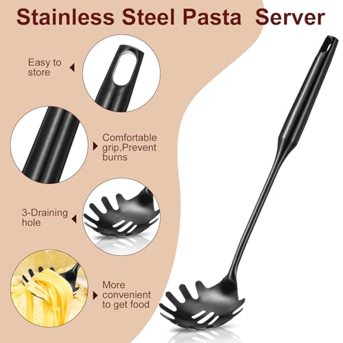 Stainless Steel Spaghetti Spoon and Pasta Tongs Set (Black)