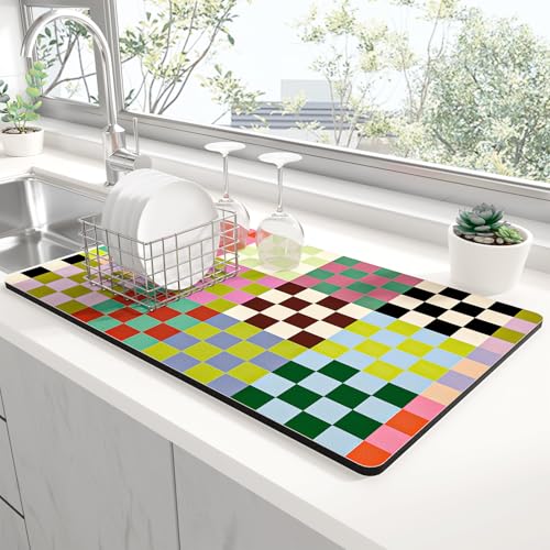 Dish Drying Mat for Kitchen Counter (Colorful Chessboard / 15" x 24")