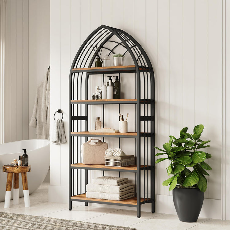 74.8" Tall Arched Bookshelf (Brown + Black)