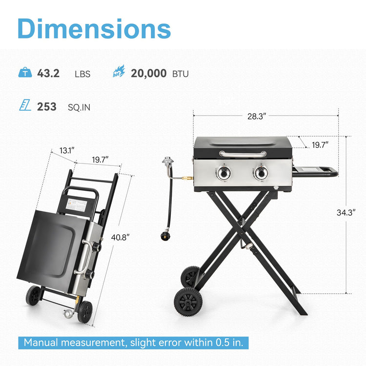 2 Burner BBQ Propane Gas Griddle with Collapsible Stand for Outdoor Cooking (Portable Griddle)
