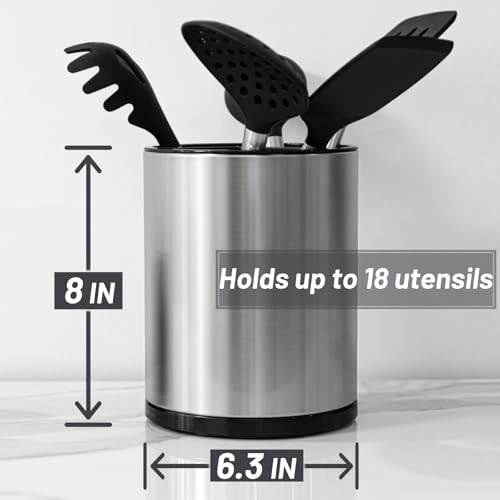 Kitchen Utensil Holder for Countertop 360° Rotating Utensil Caddy Extra Large Utensil Crock Cooking Utensil Holder for Kitchen Counter (Silver and Black)
