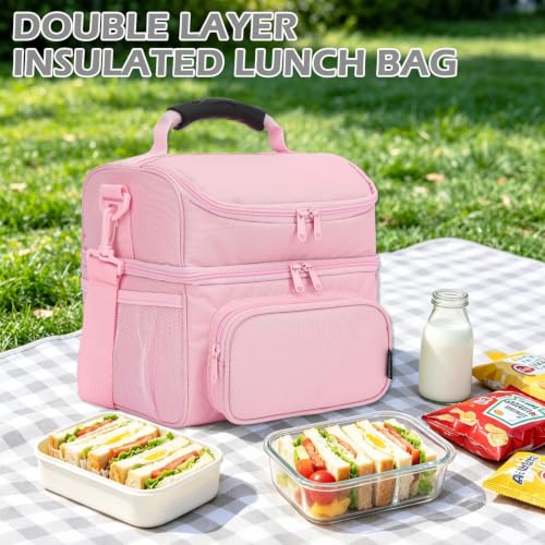 Double Layer Cooler Insulated Lunch Bag Adult Lunch Box Large Tote Bag for Men (Pink#2)