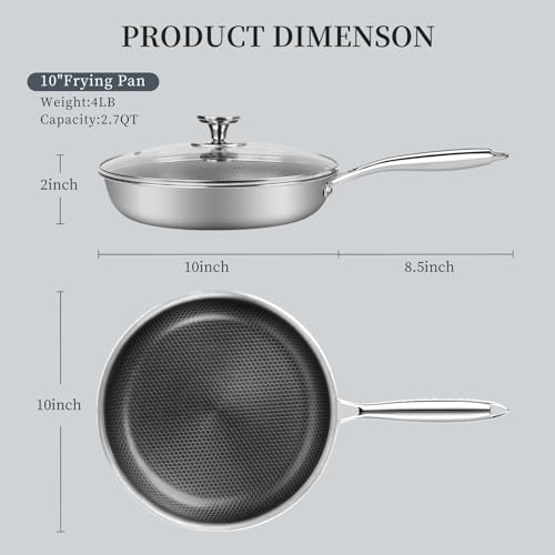 Stainless Steel Frying Pan Nonstick Frying Pan with Lid 10 Inch Honeycomb Stainless Steel Skillet Woks Pan for Gas Electric Induction Ceramic Stoves and Oven (10 Inch)
