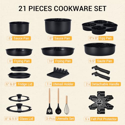 21 Piece Ceramic Pots and Pans Set Non Stick with Detachable Handles and Egg Frying Pan (Egg Pan Set)