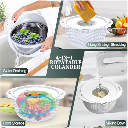 4-in-1 Colander Bowl Set, Patented, 360° Rotatable Kitchen Strainer, White (White)