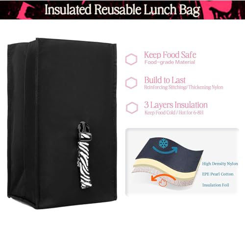 Insulated Lunch Bag Rolltop Lunch Box (Black with white strap)