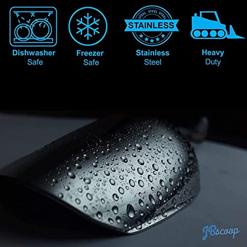 Large Ice Scoop with Holes. Stainless Steel Ice Scoop with Drain Holes to Reduce Unwanted Dilution. Heavy Duty and Dishwasher Safe. Six Ounce Capacity (18 Oz)