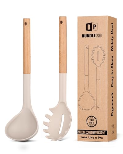 Silicone Soup Ladle and Pasta Spoon Set with Wooden Handle (Khaki)