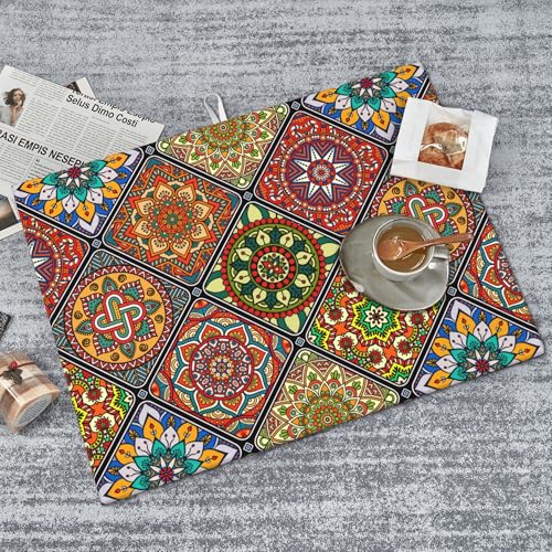 Retro Dish Drying Mat for Kitchen Counter Mandala Colorful Dish Drainer Rack Mats Boho Decor Washable Absorbent Reversible Microfiber Drying Pad Kitchen Accessories 18"x24" (Mandala / 18" x 24")