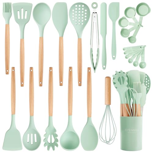 26 Piece Food Grade Silicone Kitchen Utensils Set with Wooden Handles (Light Green-B / 26 Piece)