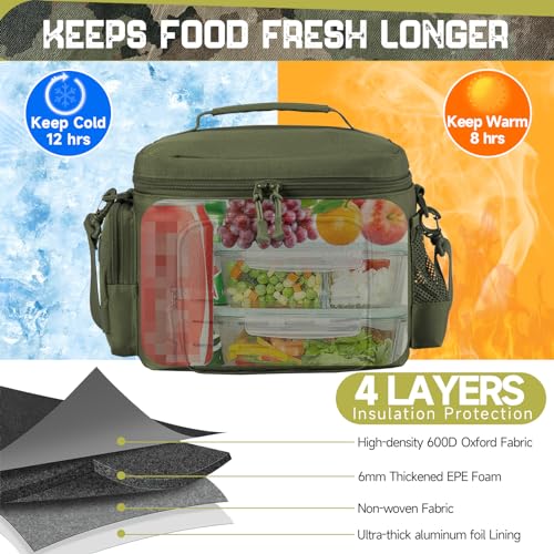 Tactical Lunch Bag for Mens Military Heavy Duty Lunch Box Work Leakproof Insulated Durable Thermal Cooler Bag for Adult Meal for Office Camping Picnic Pail MOLLE Webbing Army Green (Green / 13L)