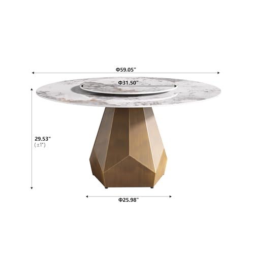 59" Modern Artificial Marble Round Dining Table with Antique Brass Metal Base & 31.5" White Sintered Stone Turntable (1 Pc 59" Table / Antique Bronze)