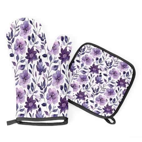 Flower Oven Mitts and Pot Holders Sets (Dark Purple)
