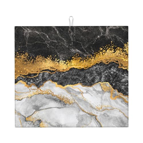 Black Gold Marble Dish Drying Mat for Kitchen Counter Gold and Black Grey Dish Drainer Rack Mats 16x18 Inches Absorbent Reversible Cute Drying Pad (Black/Gold / 16 x 18 inch)