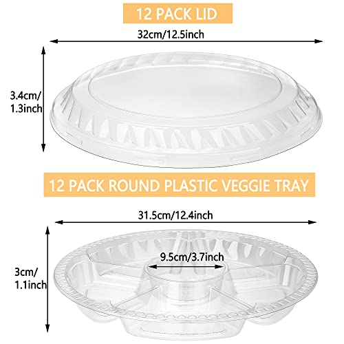 12 Pack Round Plastic Veggie Tray with Lid Fruit Tray 6 Divided Compartment Container Food Serving Dip Platter Reusable Catering Trays for Veggie Fruit Snack Party and Buffet Trays(Clear (Clear / 12inch)