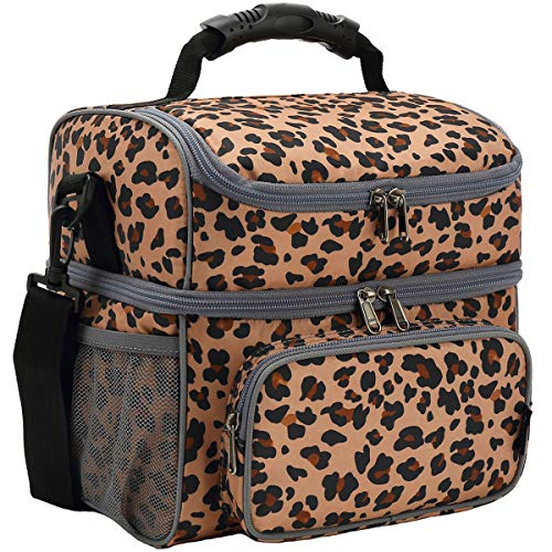 Double Layer Cooler Insulated Lunch Bag Adult Lunch Box Large Tote Bag for Men (Leopard)