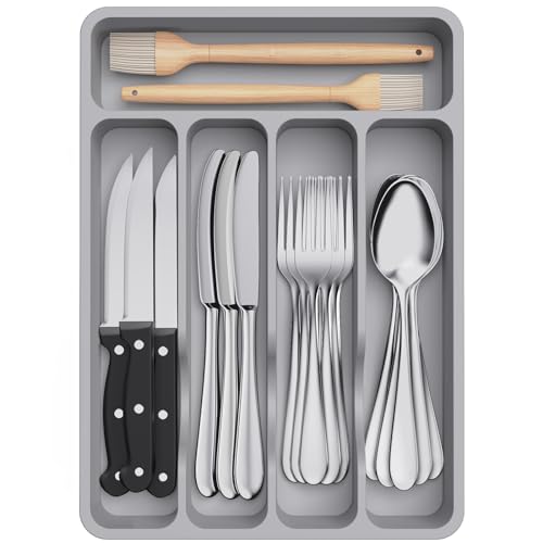Silverware Drawer Organizer Tray (Gray / 9.1 x 12.6 inch (5 Slots))