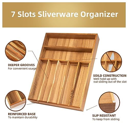 Silverware Organizer Kitchen Drawer Organizer Utensil Organizer Acacia Silverware Holder Cutlery Organizer in Drawer Flatware Organizer Tray (7 Slots / Acacia)
