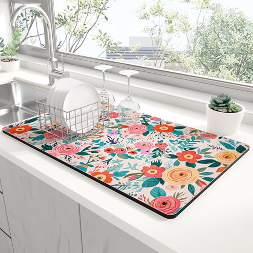 Dish Drying Mat for Kitchen Counter (Colorful Floral / 15" x 24")