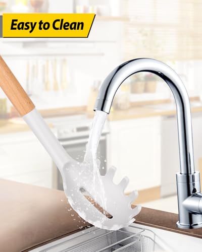 Silicone Soup Ladle and Pasta Spoon Set with Wooden Handle (White)