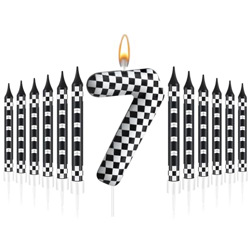 13 Pcs Racing Cars Themed Birthday Candles Black and White Race Number 7 Checkered Candle Cake Topper for Racing Car Party Decoration Supplies (Black+White / 7)