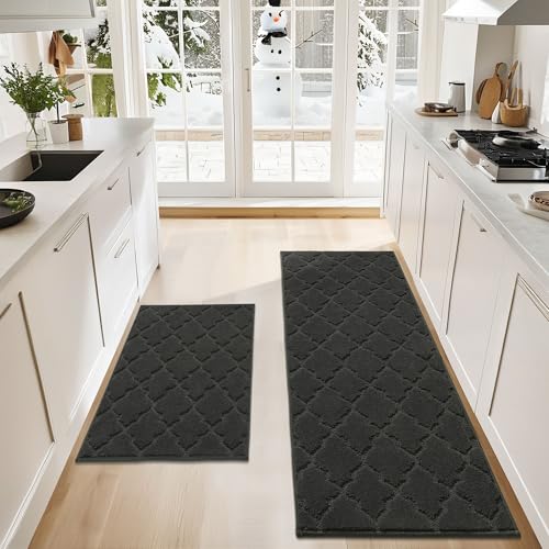 Soft Kitchen Rugs Set of 2 Non Slip 24"x35"+24"x60" (Black / 24"x35"+24"x60")