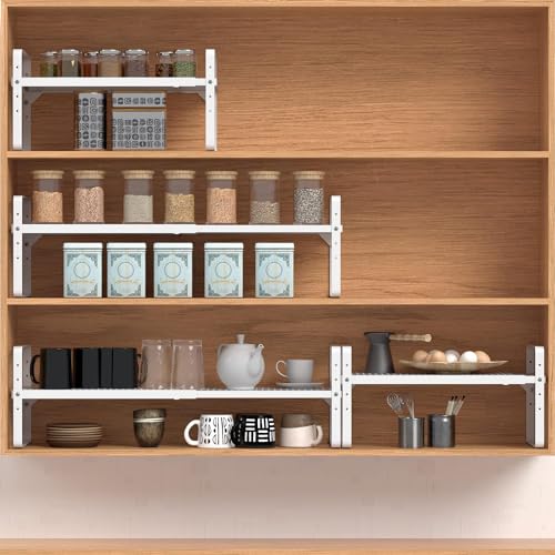 Expandable Cabinet Shelf Organizer Adjustable Metal Spice Rack Stackable Freestanding Counter Storage Shelves for Kitchen Cabinet Under Sink Office Desk (White - 3pack - L16.5-27'' * W10.2'' * H9.6'')