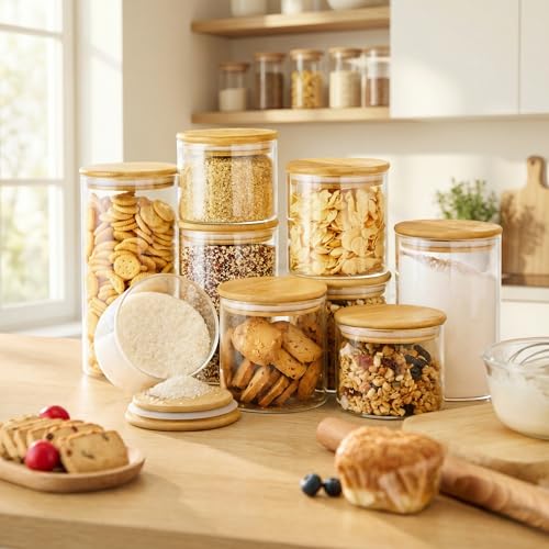 32 oz & 21 oz Round Glass Food Storage Containers with Bamboo Lids (32oz & 21oz 4 Pack)