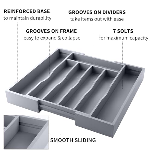 Expandable Bamboo Kitchen Drawer Organizer for Cutlery and Utensils (7 Slots Expandable / Grey)