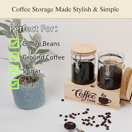 Glass Coffee Canister Set with Shelf & Spoon 2 Piece Coffee Containers for Coffee Bean Storage Airtight Seal (Coffee Jar x 2 & Shelf)