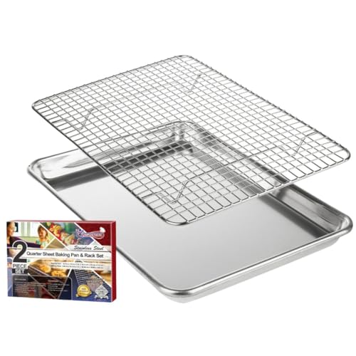 Small Baking Pan with Wire Rack Even Heat Cooking Combo (9.6" x 13" (SMALL) Quarter Sheet Pan & Rack Set)