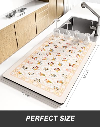 Dish Drying Mat for Kitchen Counter (Beige Floral Geometric / 15" x 24")