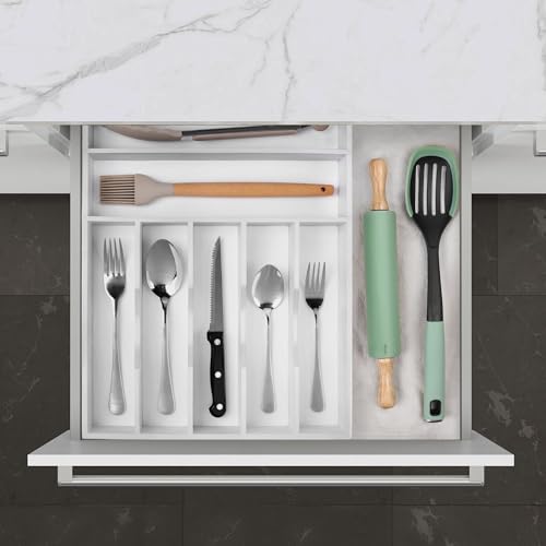 Kitchen Bamboo Silverware Organizer (7 Slots / White)