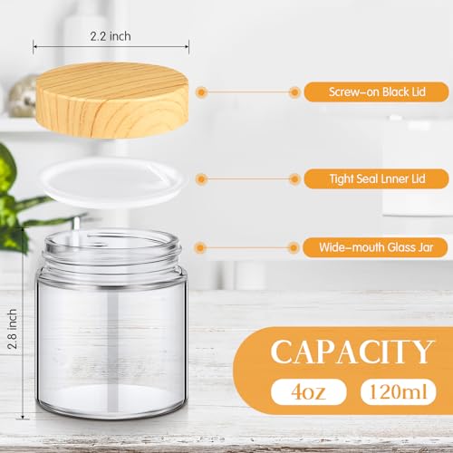 36 Pcs 4 oz Glass Jars with Lids Empty Small Glass Containers and Inner Liners Reusable Cosmetic Jars Round Airtight Bottles with Plastic Woodgrain Lids for Travel (Classic Wood Grain / 4 oz)