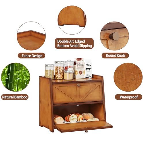 Vintage Double Layer Bread Box for Kitchen Counter Bamboo Bread Storage Container Large Capacity Bread Storage Bin (Antique Brown)